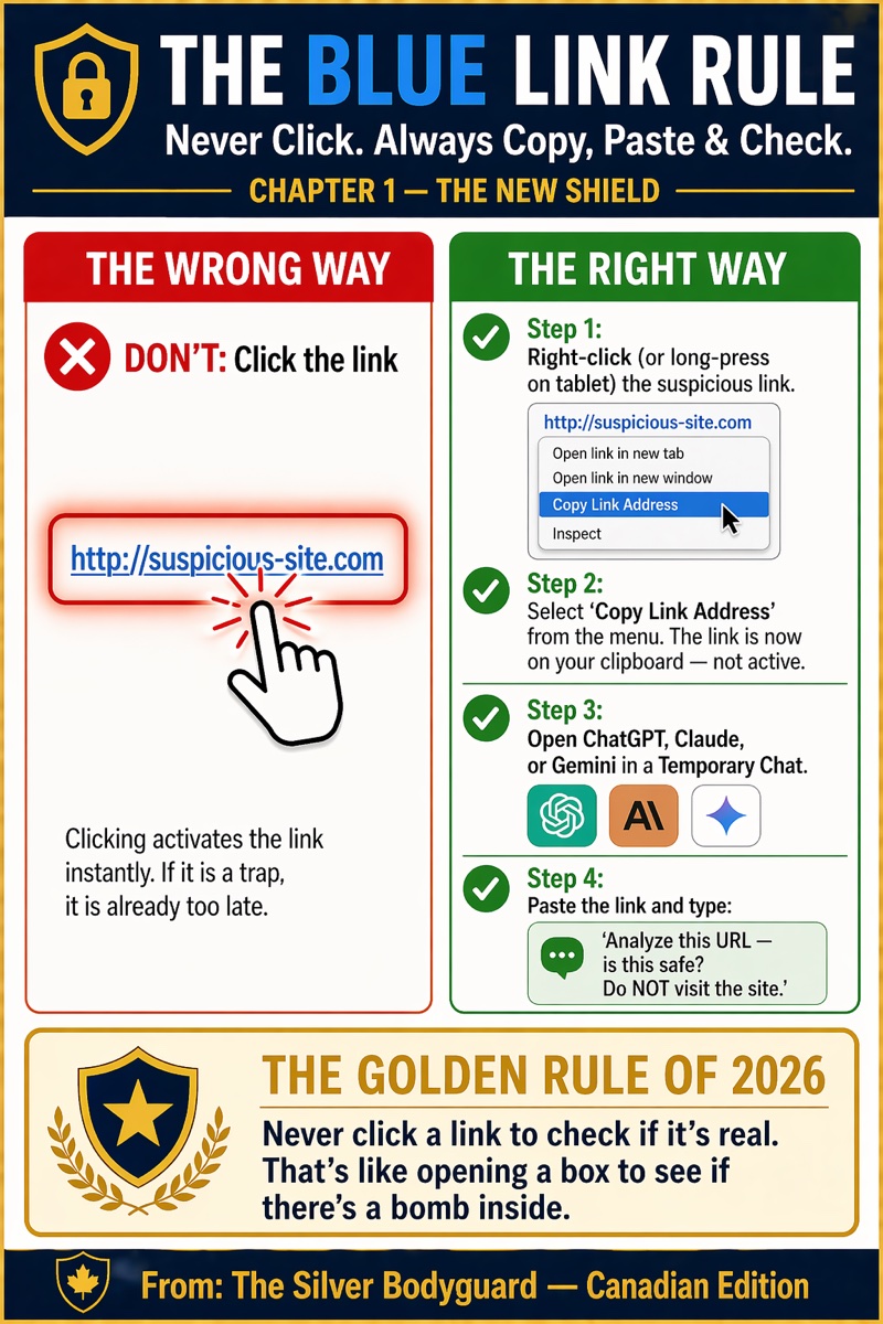 The Blue Link Rule infographic showing how to copy and check a suspicious link without opening it.